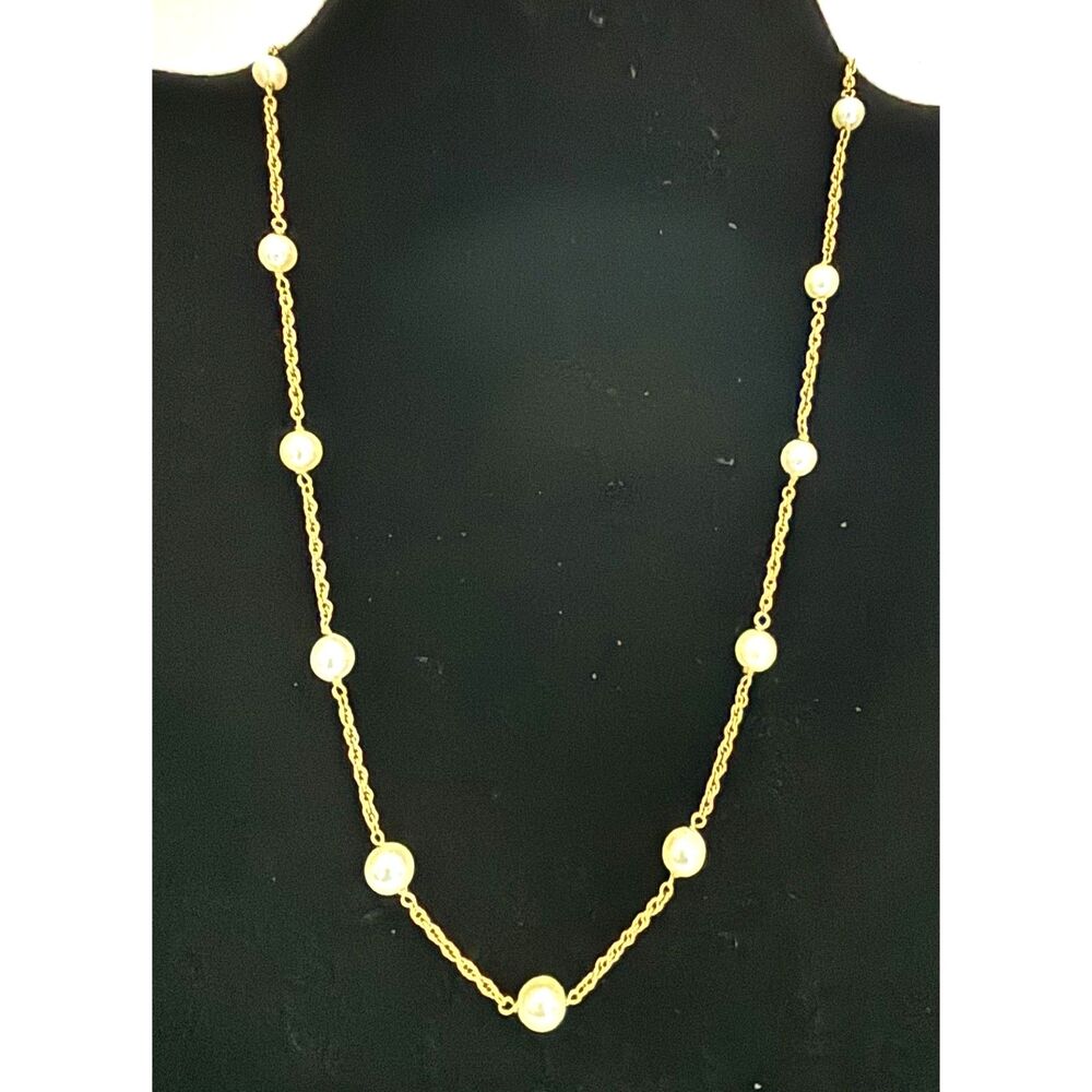 Vintage Faux Pearl Station Necklace Gold Tone Opera Length Classic Elegant